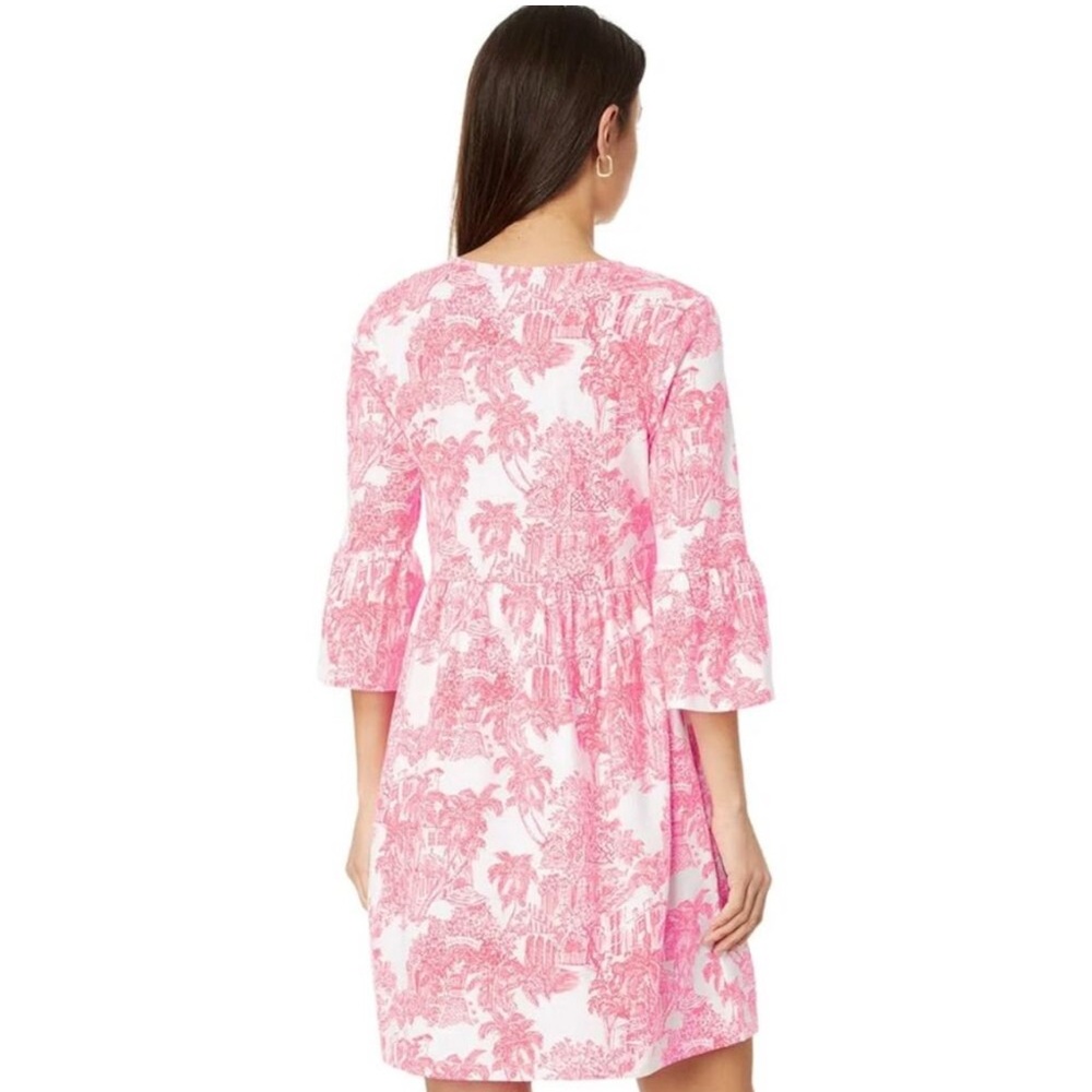 Lilly Pulitzer Pink and White V‑Neck Printed Bell‑Sleeve Dress - Picture 3 of 16